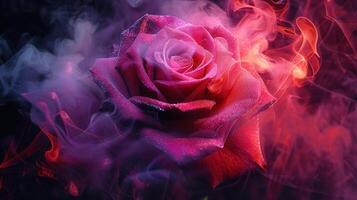 A stunning close-up of a red rose with pink and purple smoke, creating an ethereal scene. photo