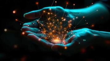 Hands cradling a glowing network of interconnected nodes, representing technology. photo