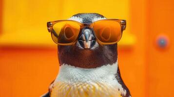 A stylish penguin strikes a pose, sporting cool shades against a bright orange backdrop. photo