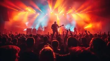 Electrifying rock concert captures a band's dynamic performance on stage with the audience cheering and engaged. photo