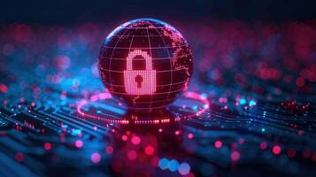 The digitally illustrated globe displays a lock symbol, representing cybersecurity and protection. photo
