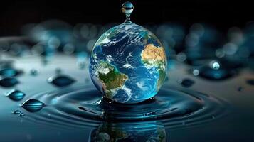 A stunning artistic depiction of planet earth shaped as a water droplet, symbolizing the water's importance. photo