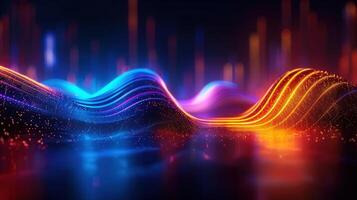 Dynamic abstract digital art showcasing data streams and waves in a vibrant glowing scene. photo