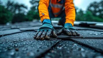 A roofer carefully examines the new asphalt shingle roof, focusing on the details in the rain. photo