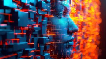 A cool futuristic digital face rendered with glowing lines and blocky blue and orange shapes. photo