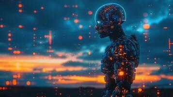 A digital humanoid robot stands against a glowing, colorful sunset, showcasing future tech. photo