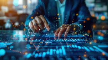 A person using a digital interface to analyze complex data and visualize business performance. photo