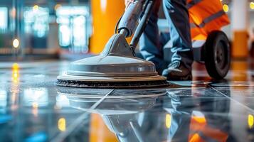 An employee uses a professional floor polisher to clean a commercial space with a shiny surface. photo