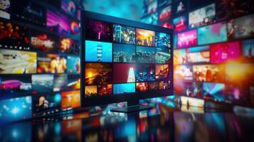 A digital monitor showing multiple videos with screens in the background, illustrating entertainment. photo