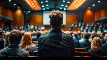 Rear view of a man in a suit at a conference, focused on the presentation. photo