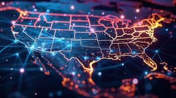 A glowing abstract map depicts the usa with lines of communication and digital connections. photo