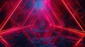 Dramatic scene featuring red neon triangles with reflections on a dark, textured surface. photo