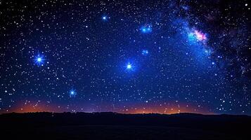 Stunning view of a star-filled night sky above a dark landscape and the Milky Way galaxy. photo