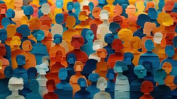 A vibrant and artistic crowd of paper cutout people representing community and unity. photo