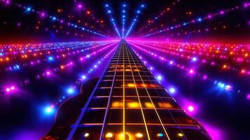A stunning shot of a guitar neck leading into a tunnel of vibrant neon lights. photo