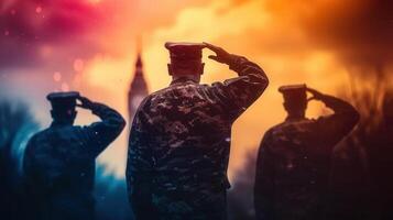 Three soldiers salute with a big Ben landmark in the background, under a striking sunset. photo