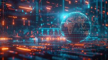 An illuminated globe of the world representing global data and interconnected technological systems. photo