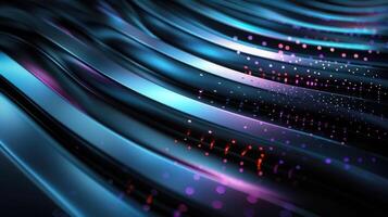 Abstract background of curved metallic lines in blue and purple with glowing dots. photo