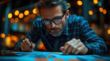 A focused man with glasses writes on a document, deep in thought at his desk at night. photo