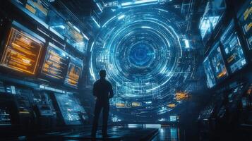 Silhouette of a person viewing a dynamic digital portal in a futuristic, high-tech setting. photo