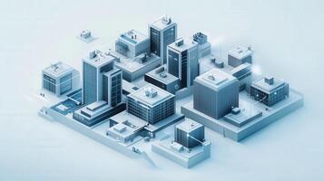 A detailed, isometric view of a futuristic, modern city with abstract buildings and design. photo