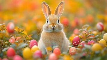 A charming bunny surrounded by decorated Easter eggs in a vibrant spring setting. photo