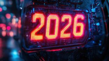 Glowing digital display shows the year 2026 in a futuristic, technology-driven scene. photo
