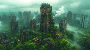 Overgrown buildings and nature reclaim a desolate, abandoned city in a post-apocalyptic scene. photo
