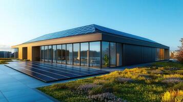 A sleek, modern home with solar panels demonstrates sustainable energy usage in bright sunlight. photo