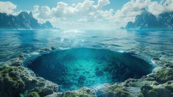 The vibrant underwater vista unveils a submerged cave beneath the sea's surface with clear water. photo