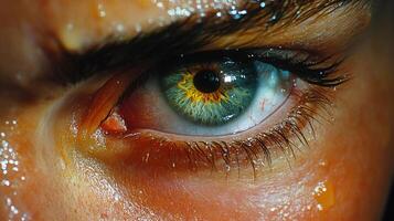 Intricate details of a captivating eye are visible up close, with striking colors and beautiful texture. photo