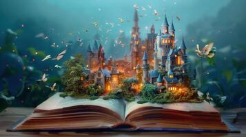A captivating scene of a fairytale castle emerging from an open storybook with birds in flight. photo