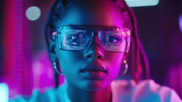Close-up of a woman wearing smart glasses with code reflected in their lenses. photo