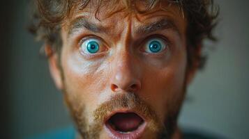 A man's face exhibits a look of pure, unadulterated surprise, captured in a close-up shot. photo