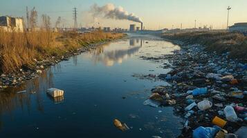 An image of a heavily polluted river flowing by an industrial area, reflecting smoke. photo