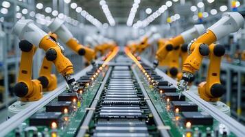 Automated robotic arms meticulously working on circuit boards in a high-tech factory. photo