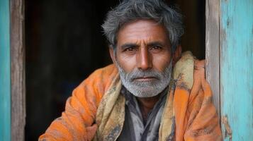 Close-up portrait of a senior Indian man with a grey beard looking directly at the camera. photo