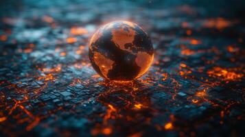 A glowing digital globe floats above a circuit board, representing global connectivity and the future. photo