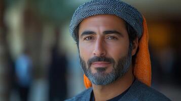 A close-up portrait of a handsome man with a beard, wearing an orange and grey cap. photo