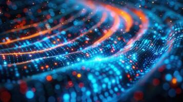 A mesmerizing digital artwork displaying flowing data streams in vibrant shades of blue and orange. photo
