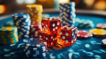Transparent red dice are stacked next to casino chips on a blue surface, ready for the next game. photo