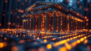 A futuristic and digital architecture of a building illuminated with glowing lights. photo