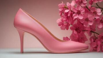A stunning pink high heel shoe is paired with delicate flowers in a soft, elegant display. photo