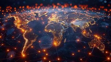 Illuminated world map showing global networks and digital connections, modern technology. photo