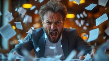 An angry businessman yells in frustration as papers fly in the air around him in the office. photo