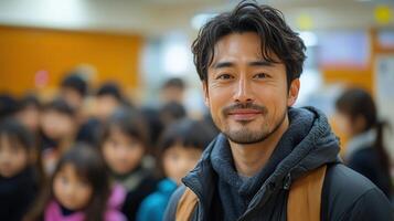 A handsome, smiling asian man poses in front of a crowd of school children on a bright day. photo