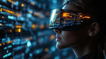 A person wearing vr glasses interacts with digital data and futuristic technology photo