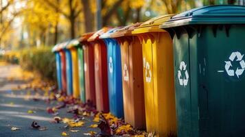 Vibrant recycling bins aligned on a path with a backdrop of fall foliage and fallen leaves. photo