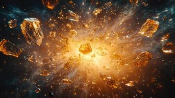 A vibrant cosmic explosion features golden crystalline shards in a breathtaking scene of the cosmos. photo