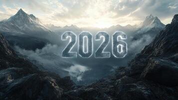 The year 2026 glows brightly, floating over a majestic mountain landscape, hinting at the future. photo